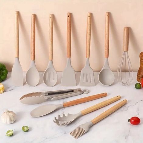 Set de 12 ustensiles de cuisine en silicone avec manches en bois, résistants à la chaleur, antiadhésifs, sans BPA, beige (1/2)