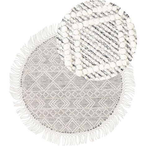 Soggiorno Tappeto rotondo in lana con frange decorative ⌀ 140 cm Grigio e bianco sporco Buldan