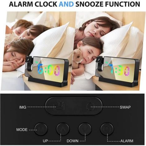 Reveil Projecteur Plafond, Rotation à 180 Reveil Numerique, Miroir Réveils USB avec température, Horloge de Table pour Le (1/4)