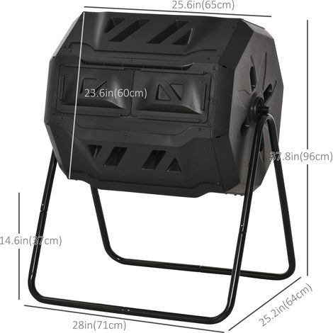 Composteur rotatif d'extérieur de 43 gallons (163 litres), double chambre, rotation à 360°, portes coulissantes, cadre en acier massif et gants inclus, noir. (1/5)