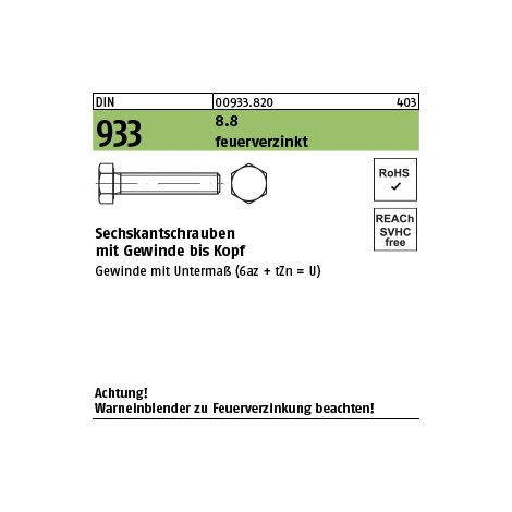 DIN 933/ISO 4017 Sechskantschraube VG M20x140 Stahl 8.8 feuerverzinkt
