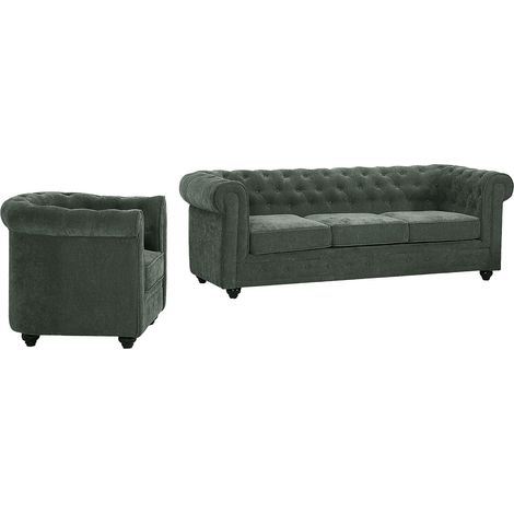 Canapé 3 places et fauteuil en tissu vert CHESTERFIELD