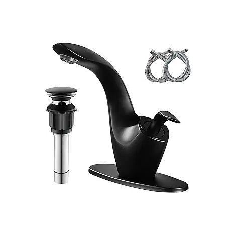 Mitigeur de lavabo monotrou en cuivre noir, effet cascade, eau chaude et froide, meuble sous-vasque. (1/4)