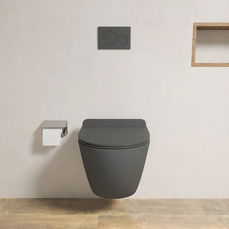 WC suspendu à faible encombrement, sans rebord, en céramique gris mat, avec siège à fermeture progressive Mod. Parigi