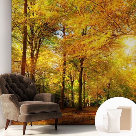 Papier peint intissé décoratif avec colle pour salon chambre et bureau Installation rapide Feuilles dorées 250x250 cm (1/5)