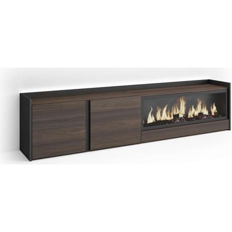 Mueble TV Moclinejo-01 de 212x50x35 cm con chimenea y luces LED XXL, color roble oscuro y negro (1/4)
