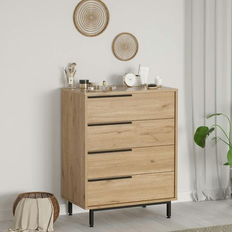 Commode rangement 4 tiroirs à détails noirs, effet bois JENA (1/5)