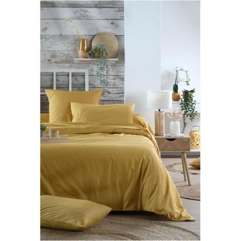 1 Taie d'oreiller percale de coton uni 63 x 63 cm Elysee moutarde (1/3)