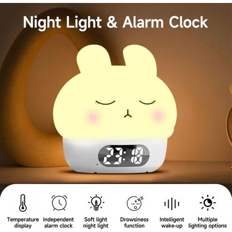 Sveglia luminosa, luce notturna a forma di coniglio per la cameretta dei bambini, orologio digitale ricaricabile, doppia sveglia, funzione snooze, 9 modalità di colore, lampada da comodino decorativa  (1/4)