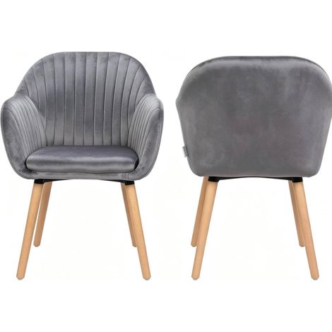 Silla de comedor tapizada en terciopelo gris oscuro con reposabrazos, patas de madera, juego de 2 (1/5)
