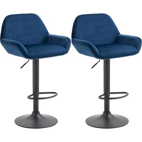 Ensemble de 2 tabourets de bar Braga en velours bleu, métal noir opaque (1/5)