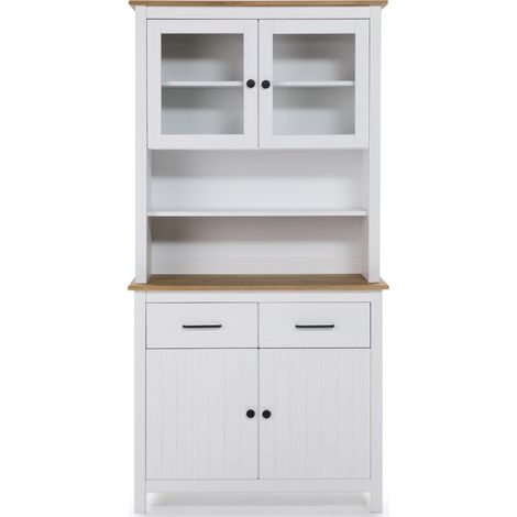 Vitrine en pin massif décor ciré chêne et blanc, meuble de rangement - Longueur 90 x Profondeur 40 x Hauteur 180 cm -PEGANE- (1/4)