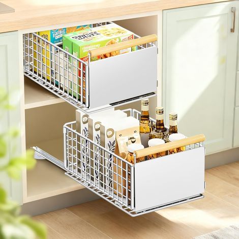 Lot de 2 tiroir armoire coulissante en métal organiseur avec poignée étagère, tiroir extensible pour cuisine, sans perçage, jusqu'à 25 kg, organisateur de tiroir 39,5 x 23,5 x 19cm (1/5)