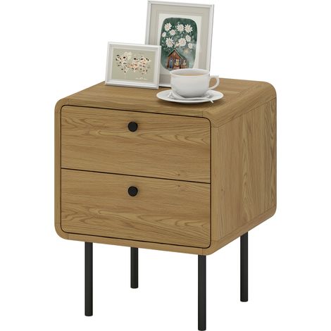 Bedside Table with 2 Drawers Steel Legs - Oak (1/5)