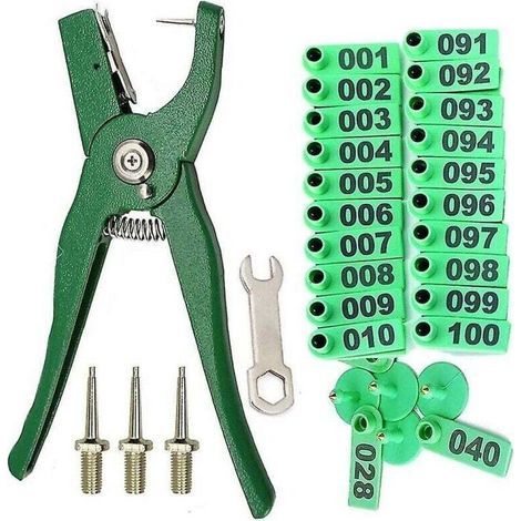 Pince pour étiquettes d'oreille pour animaux d'élevage, avec étiquettes d'oreille numérotées de 001 à 100 (1/3)