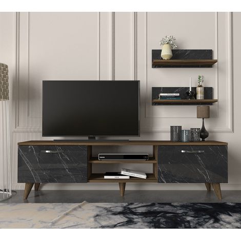 Wohnwand Ayden Walnuss Dunkelgrau (Marmor optik)