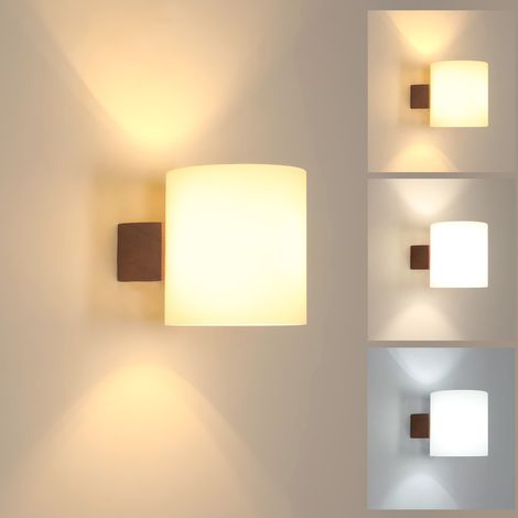 GOECO Walnut Wood Modern Wall Light, 4W, 3-Colour Temperatures (3000K/4500K/6500K), E27 Fitting, Glass Shade, for Room & Hallway Decor (1/5)
