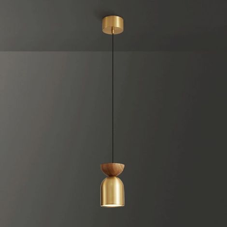 Lampe à suspension LED moderne, lampe de chevet en bois, lampes à suspension en laiton avec abat-jour en acrylique, mini lustres cuivrés, lampes à gouttes simples nordiques, 5 W - Lumière tricolore (1/5)