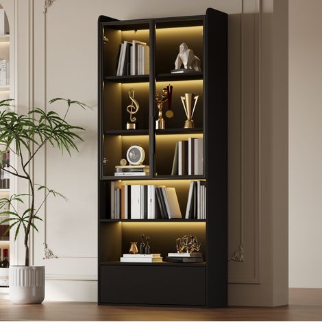 Vitrina alta 80 x 34 x 180 cm con 1 cajón, LED y puertas de cristal negro DESVIAE (1/5)