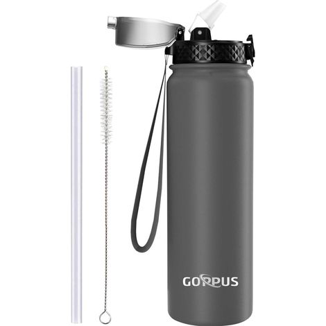 Thermosflasche Edelstahl 1L Strohhalm Auslaufsicher Grau 1000 ml (1/5)