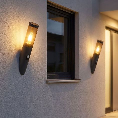 2x Außenwandlampe Bewegungsmelder Edelstahl Wandleuchte anthrazit rauch H 41 cm (1/5)