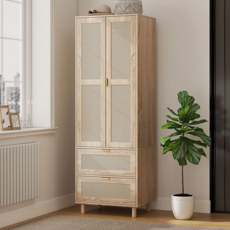 Armoire chambre penderie avec 2 portes en rotin, 2 tiroirs et barre de suspension, 63 x 47 x 185 cm, bois naturel (1/5)