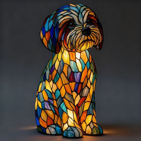 Malteser mit seidig weichem Fell – Batteriebetriebene Tischlampe – Retro-Tischlampe – 3D-Tier-Nachtlicht – 17 cm – LED-3D-Lichtornament