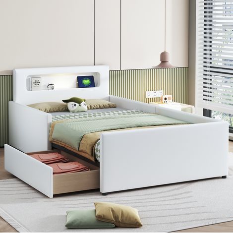 Letto singolo bambini 90x200 cm con LED e USB, bianco, ecopelle, senza materasso FloraGrace (1/5)