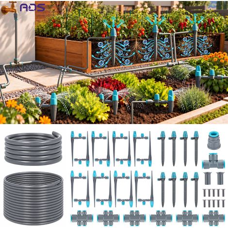 Doppelseitiges Tropfbewässerungs- und Sprühsystem mit Schnellverbindern, 12 m + 30 m Kit für Blumenkästen, Gemüsebeete, Gärten und Balkone-lsw (1/5)