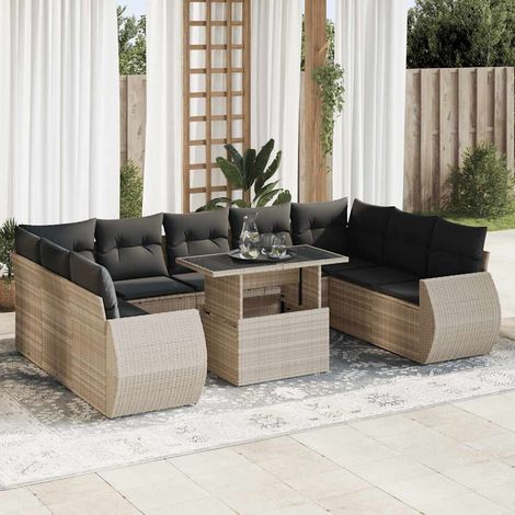 vidaXL Cojines para jardín -  Set sofás jardín 10 pzas con cojines ratán sintético gris claro (1/5)