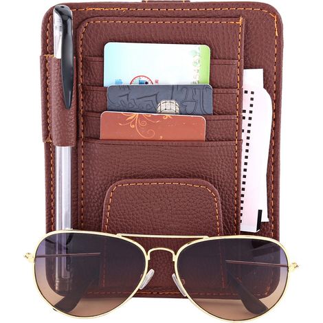 Porte-cartes et lunettes de voiture - Organiseur de pare-soleil marron, pochette de rangement avec clip (1/3)