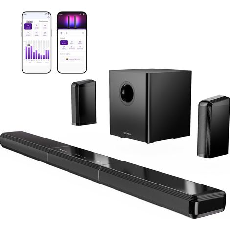 Barre de Son TV 9.1 canaux avec 2 Enceintes arrière, système détachable, Caisson de Basses 6,5″, Barre de Son RGB, 470W en Puissance de crête, HDMI/Opt/AUX/BT, S90 (1/5)