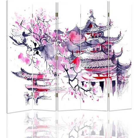 Paravent Style Japonais Traditionnel, Décoration Zen - 180 x 180 cm - 1 face déco, 1 face noir