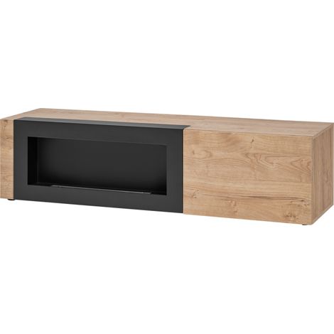 Meuble TV Aron avec cheminée bioéthanol - Bois MDF noir mat et chêne Ribbeck - 160 x 42 x 45 cm - Livraison gratuite (1/4)