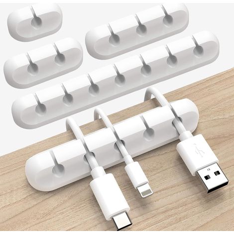 5 Pièces Clips Câble Organisateur Bureau, Organisateur de Câble Auto-adhésif, Supports de Gestion de Câbles Autocollants en Silicone, pour Câbles de Chargement, HDMI, USB, Audio, Blanc (1/5)