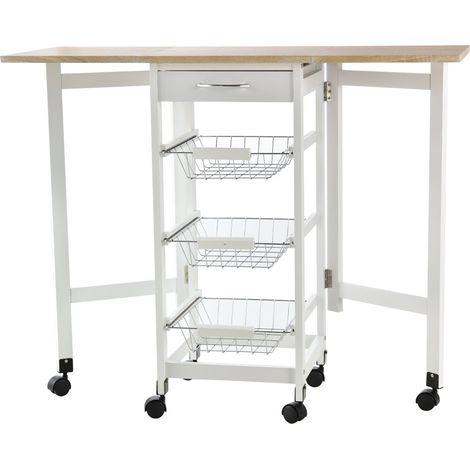 Desserte pliable cuisine 97 x 37 x 77 cm rangement modulable tiroir coulissant 3 paniers scandinave épuré en MDF blanc (1/5)