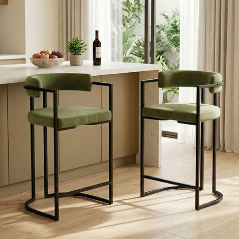 Wahson Velvet Bar Stools 2Pcs – Modern Counter Chairs for Kitchen, Home Bar & Restaurant, Green (1/5)
