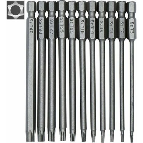 Set mit 11 langen Torx-Bits für Schraubendreher und Bohrmaschinen – Magnetische Bits – 1/4"-Sechskantschaft – Größen T6 bis T40 – Länge 100 mm (1/5)