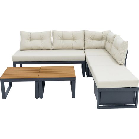 Set divano da giardino modulare beige con schienale reclinabile, contenitore e cuscini spessi (1/5)