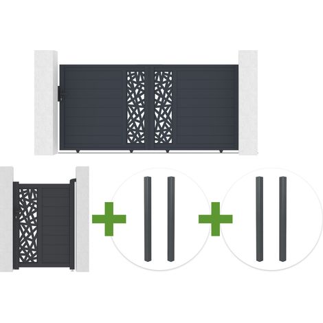 Portail coulissant 3m RUIVO H.140cm aluminium gris + Portillon 1m RUIVO H.140cm + 4 poteaux (1/5)