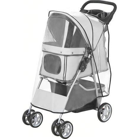 Passeggino per Cani Pieghevole Grigio con Copertura Antipioggia, Ruote Girevoli, Cuscino Lavabile