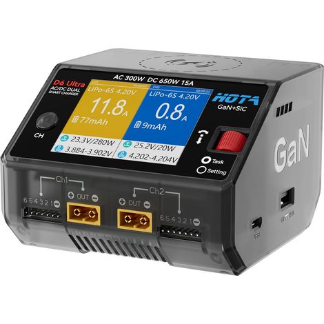 D6 Ultra GaN+SiC Chargeur de batterie 650 W DC/300 W AC 15 A × 2 Dual Canal Chargeur de batterie pour LiPo Life LiIon NiMH plomb-acide 1-6S FPV Drone Voiture Bateau avec écran (1/5)