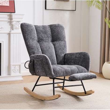 Sillón balancín tapizado de chenilla gris oscuro con respaldo alto y reposapiés (1/5)