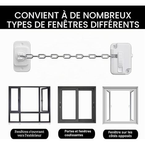 verrous de fenêtre sans perçage, verrou à chaîne pour fenêtres et portes, verrou de fenêtre réglable pour la maison, pour fenêtres, portes, placards et (1/4)