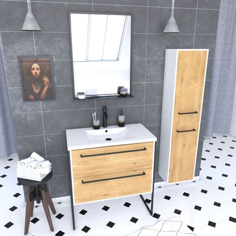 Set mobile da bagno 80x50 cm - 2 cassetti - lavabo bianco + specchio nero opaco + colonna