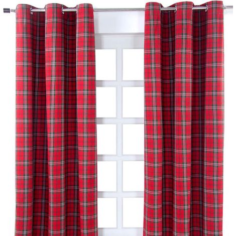 HOMESCAPES Edward Tartan Check Ready Made Eyelet Curtain Pair, 137 x 182 cm Drop