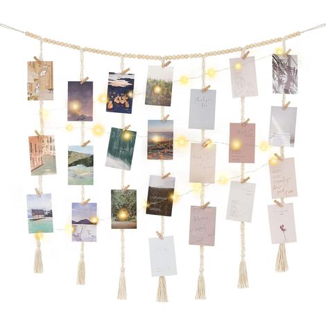 Décoration murale en macramé avec guirlande lumineuse, présentoir photo suspendu, cadre photo bohème en perles de bois avec 45 pinces, idéal pour chambre, salon ou dortoir. Cadeau parfait pour adolesc (1/5)
