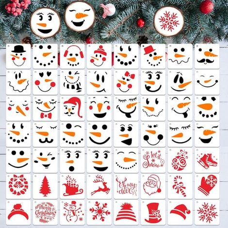 Pochoirs de visages de bonhommes de neige de Noël, lot de 56 gabarits de dessin réutilisables en plastique pour scrapbooking, décoration murale et de sol, peinture sur pierre à faire soi-même (7,6 cm) (1/5)