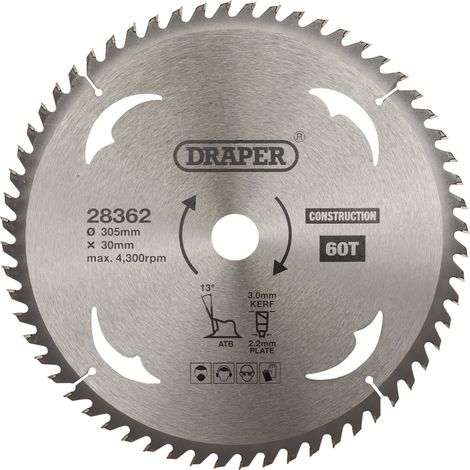 Draper 28362 TCT Construction Circular Saw Blade – 305mm Diameter, 30mm Arbor, 60 Teeth for Heavy-Duty Cutting