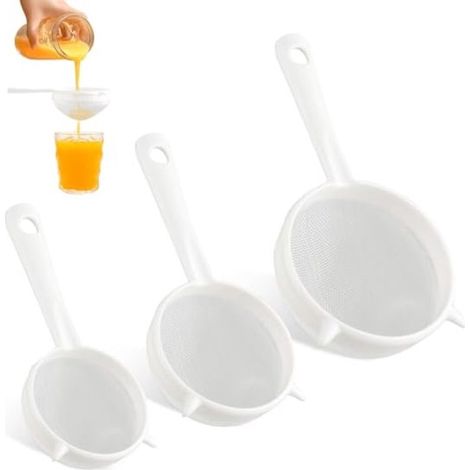 Set di 3 setacci da cucina in plastica, con filtri di 3 diverse dimensioni, manici antiscivolo e ganci per appendere, ideali per kefir, farina, zuppe, tè e caffè. (1/5)